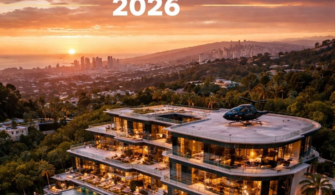"Stunning aerial view of a luxury mansion with a helipad, infinity pool, and basketball court, set amidst lush greenery with a sunset backdrop, representing one of the most expensive celebrity houses in 2026."