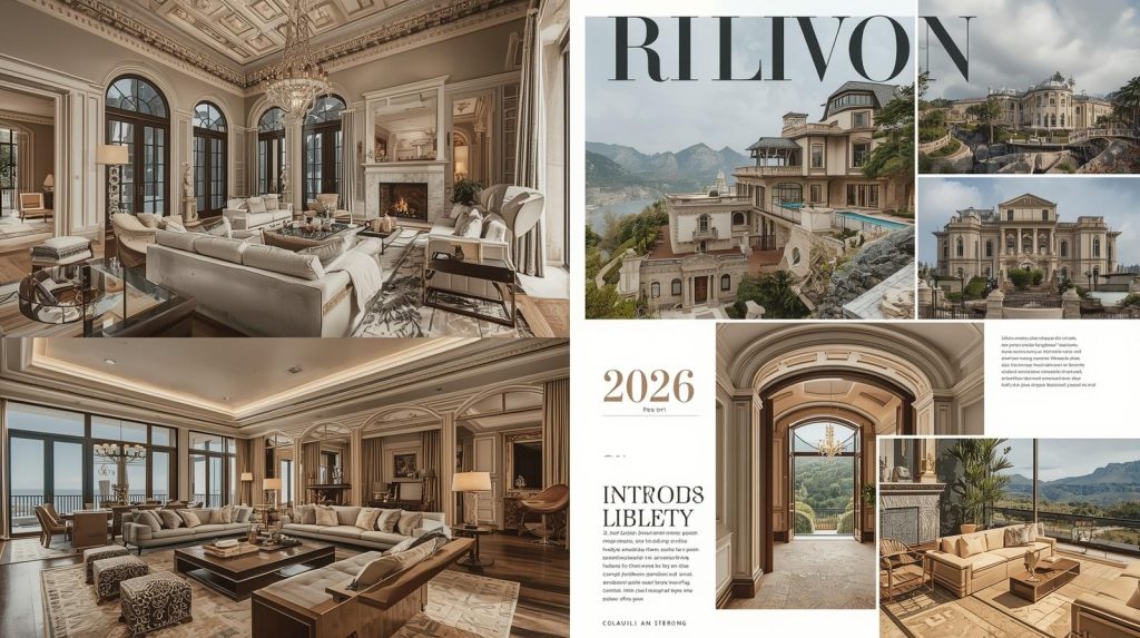 The mansion is surrounded by lush gardens, with stunning views of the Los Angeles skyline and the Pacific Ocean. The headline "MOST EXPENSIVE CELEBRITY HOUSES 2026" is prominently displayed at the top of the image in bold white and gold text