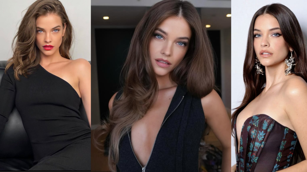 Barbara Palvin looking stunning with natural makeup and flowing hair at a fashion event.