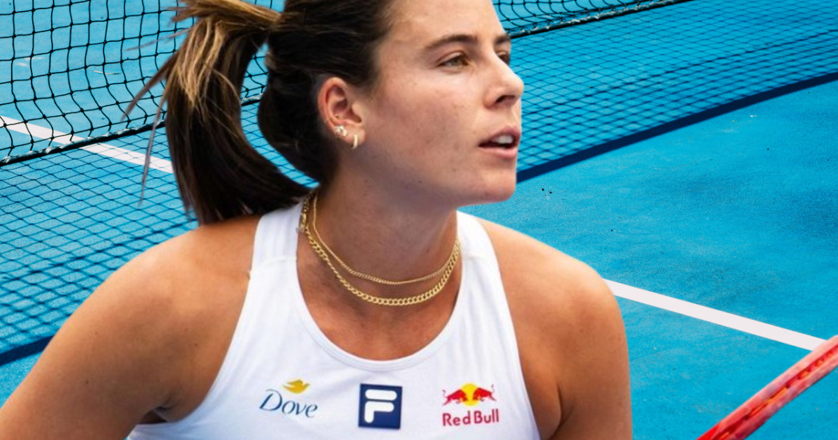Emma Navarro celebrates a powerful tennis victory during a professional match with intense focus and confidence on court.