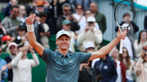 Jannik Sinner celebrating a Grand Slam victory during an ATP tournament in 2026